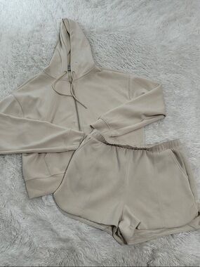 Neutral Beige Zip-Up Hoodie with Matching Shorts Set